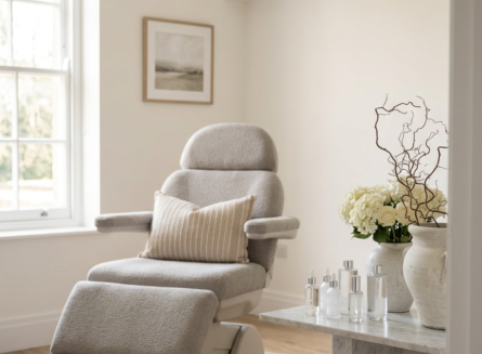 Bright and welcoming modern aesthetic clinic consultation room with neutral decor and soft lighting