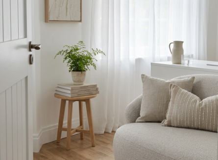 Bright and calm aesthetic clinic consultation room with neutral decor and soft natural daylight
