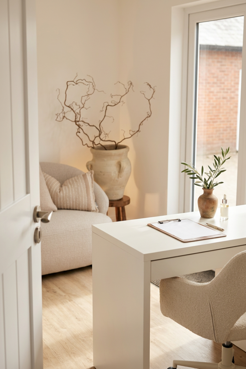 Clean, bright consultation room in an aesthetic clinic featuring a modern desk, neutral decor, and clinical stationery.