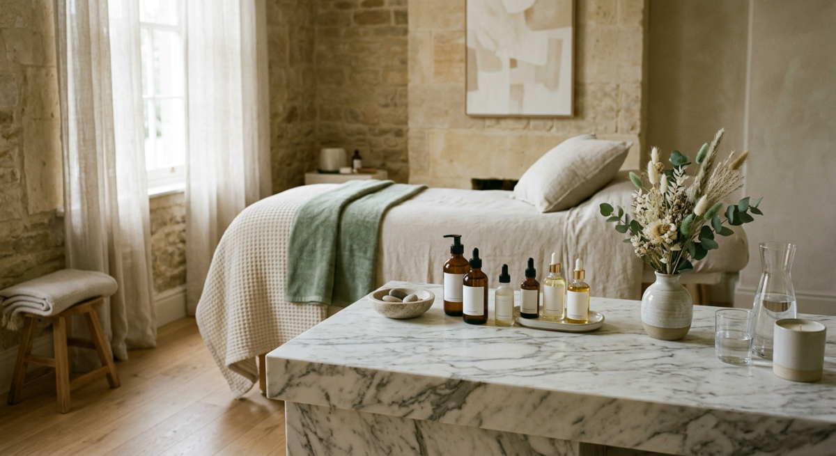 Minimalist aesthetic clinic interior with marble counters and soft lighting.