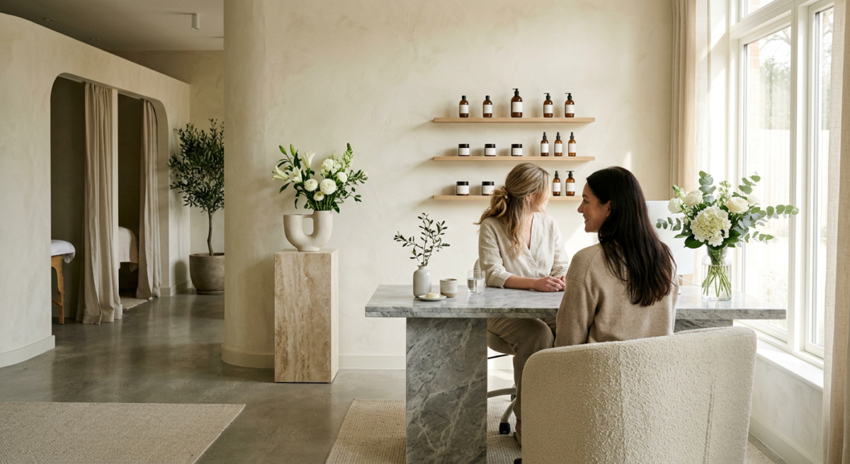 Minimalist aesthetic clinic interior with marble table, soft lighting, and neutral decor.