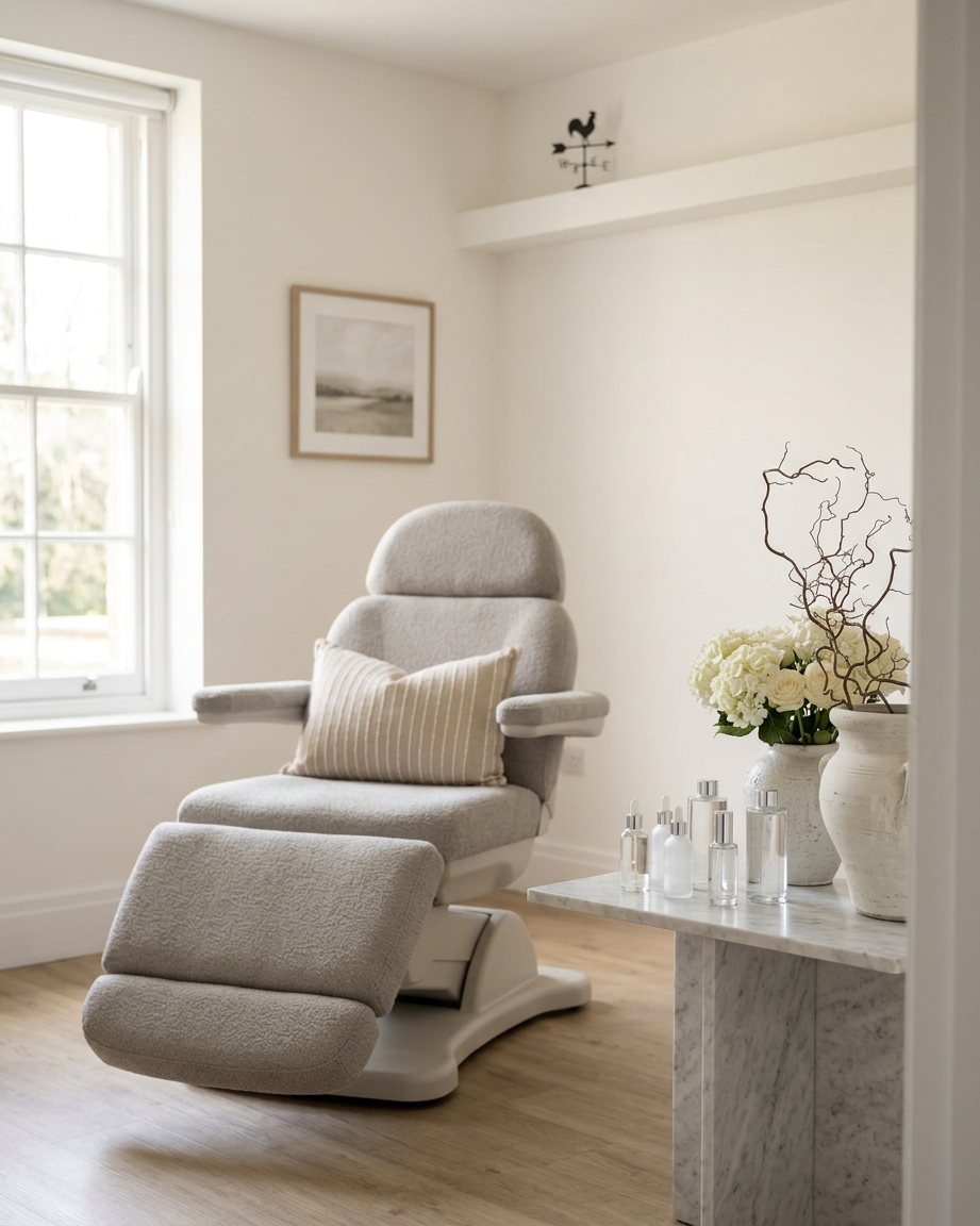 Bright and welcoming modern aesthetic clinic consultation room with neutral decor and soft lighting