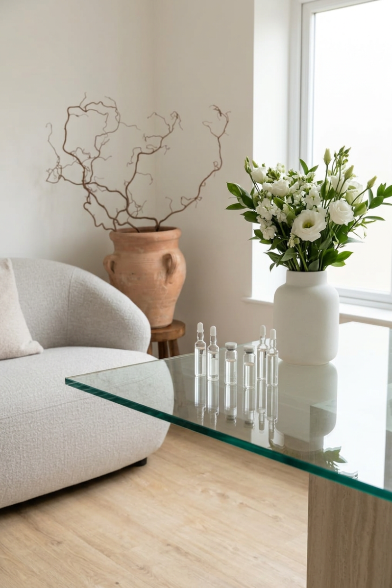 Bright and calm aesthetic clinic treatment room interior with glass vials and fresh flowers