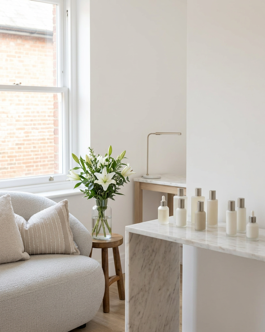 Bright and modern aesthetic clinic consultation room with minimalist decor and warm natural lighting