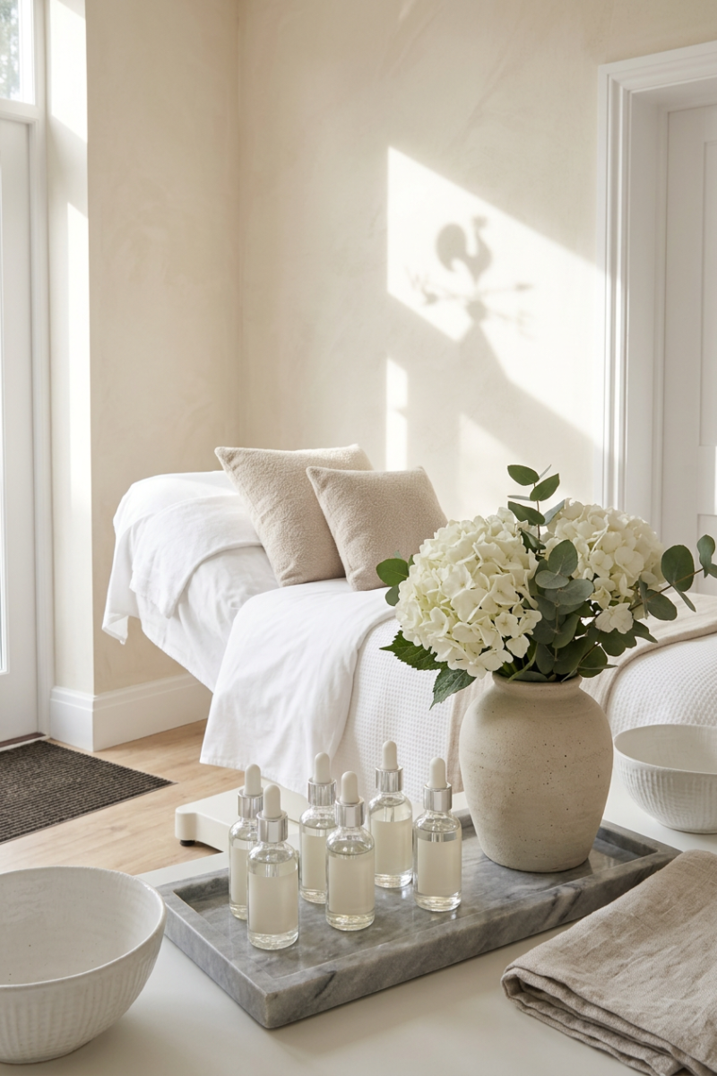 Minimalist skincare serum bottles on a marble tray in a calm, modern clinic setting in Ascot