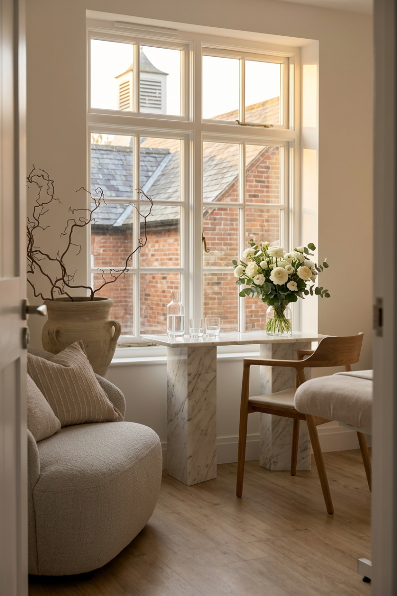 Minimalist aesthetic clinic interior with consultation desk and calming neutral decor