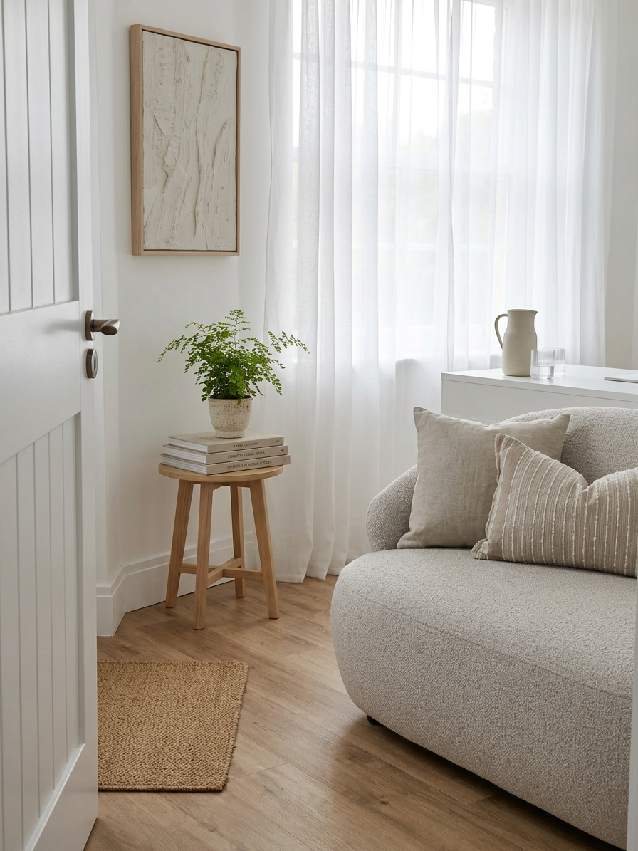Bright and calm aesthetic clinic consultation room with neutral decor and soft natural daylight