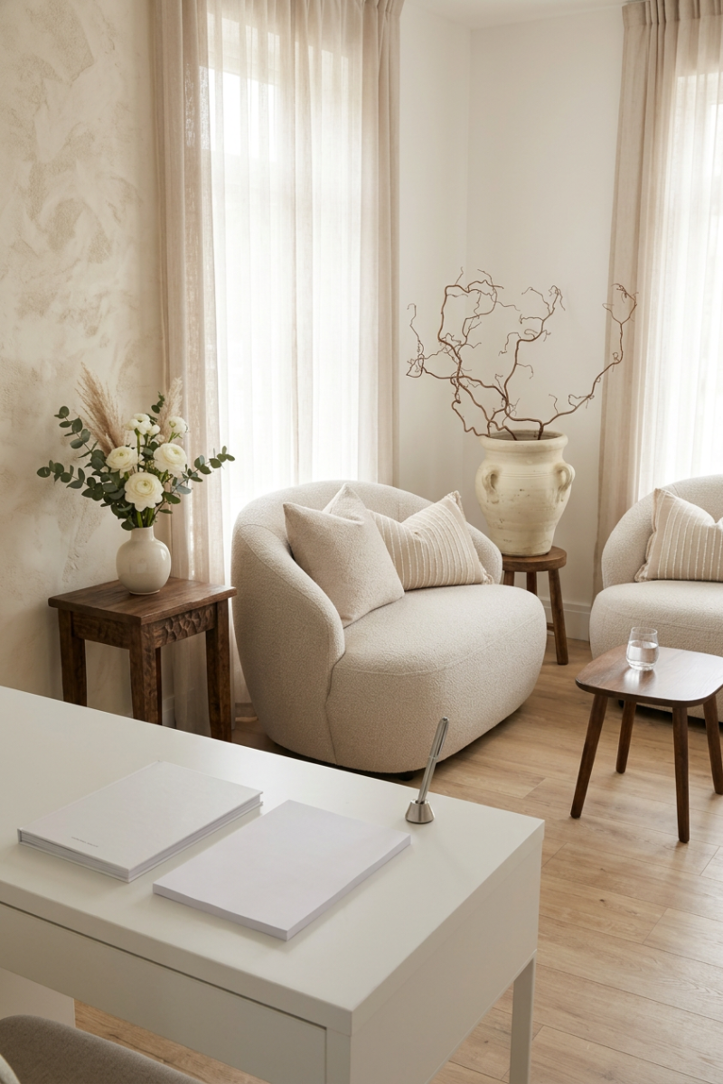 Clean and modern aesthetic clinic consultation room in Ascot with neutral decor and natural lighting