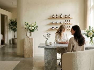 Minimalist aesthetic clinic interior with marble table, soft lighting, and neutral decor. Minimalist aesthetic clinic interior with marble table, soft lighting, and neutral decor.