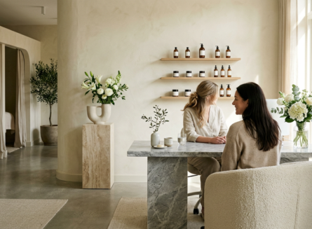 Minimalist aesthetic clinic interior with marble table, soft lighting, and neutral decor. Minimalist aesthetic clinic interior with marble table, soft lighting, and neutral decor.
