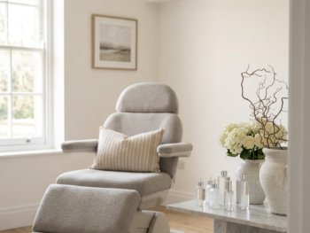Bright and welcoming modern aesthetic clinic consultation room with neutral decor and soft lighting Bright and welcoming modern aesthetic clinic consultation room with neutral decor and soft lighting