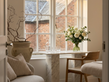 Minimalist aesthetic clinic interior with consultation desk and calming neutral decor