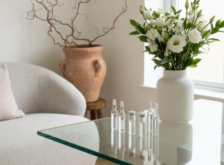 Bright and calm aesthetic clinic treatment room interior with glass vials and fresh flowers Bright and calm aesthetic clinic treatment room interior with glass vials and fresh flowers
